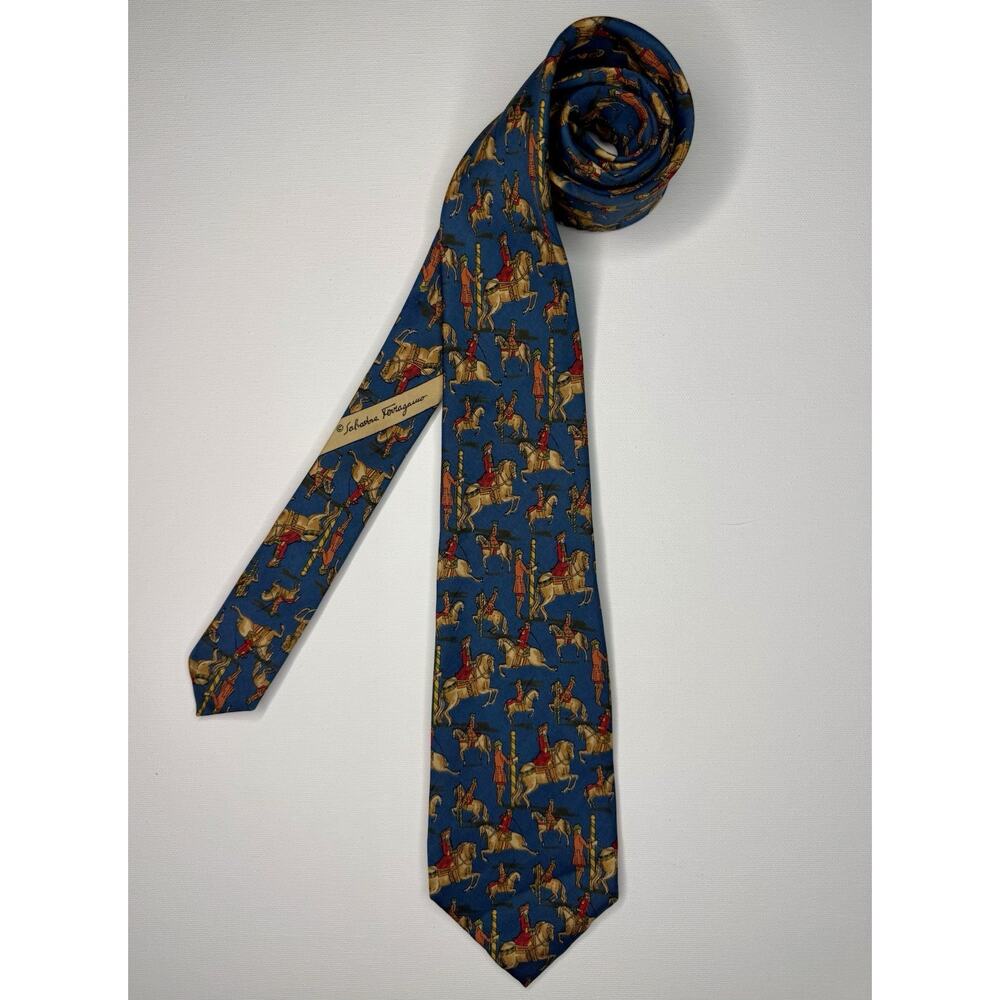 Salvatore Ferragamo Silk Tie Blue Equestrian Horse Rider Print Italy Classic 58”
